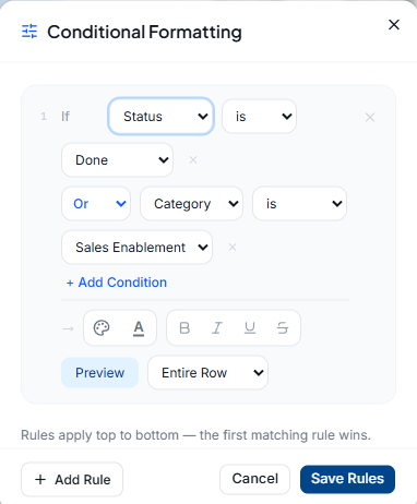 The conditional formatting rule builder, combining two conditions with an Or operator and a custom color