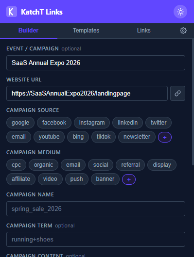 The KatchT Links Builder tab with an event name, website URL, and campaign source/medium chips filled in