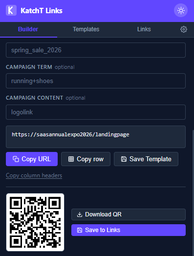 The KatchT Links Builder tab showing a completed UTM link, a live QR code, and Download QR / Save to Links buttons