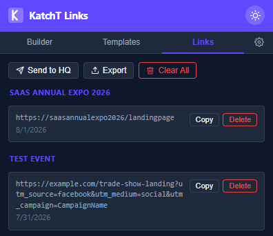 The KatchT Links Links tab showing saved links grouped under two event names
